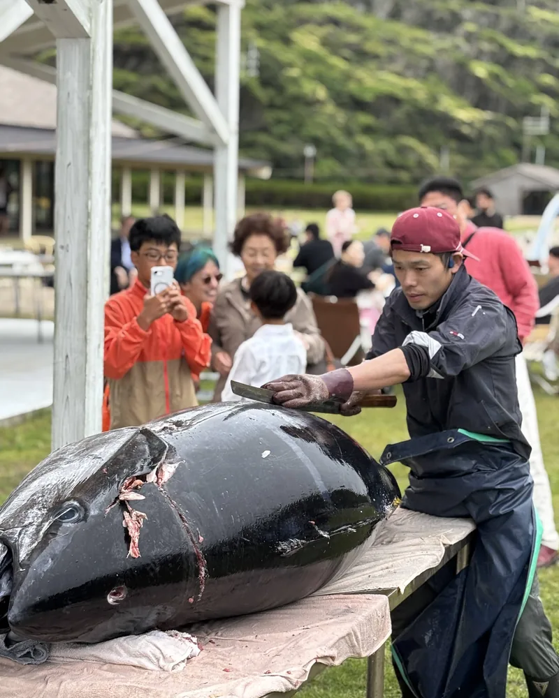 芝生の上でマグロを解体する職人と、見守るゲスト